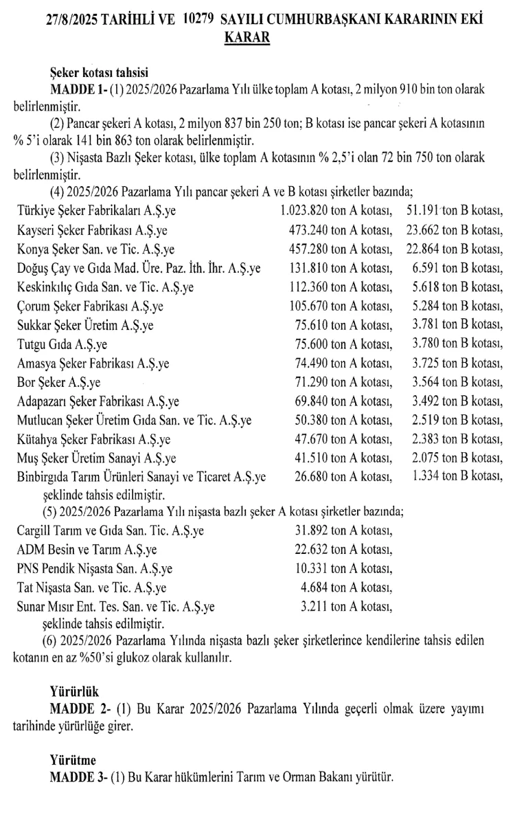 2025/2026 Şeker Kotaları Resmi Gazete’de Belirlendi