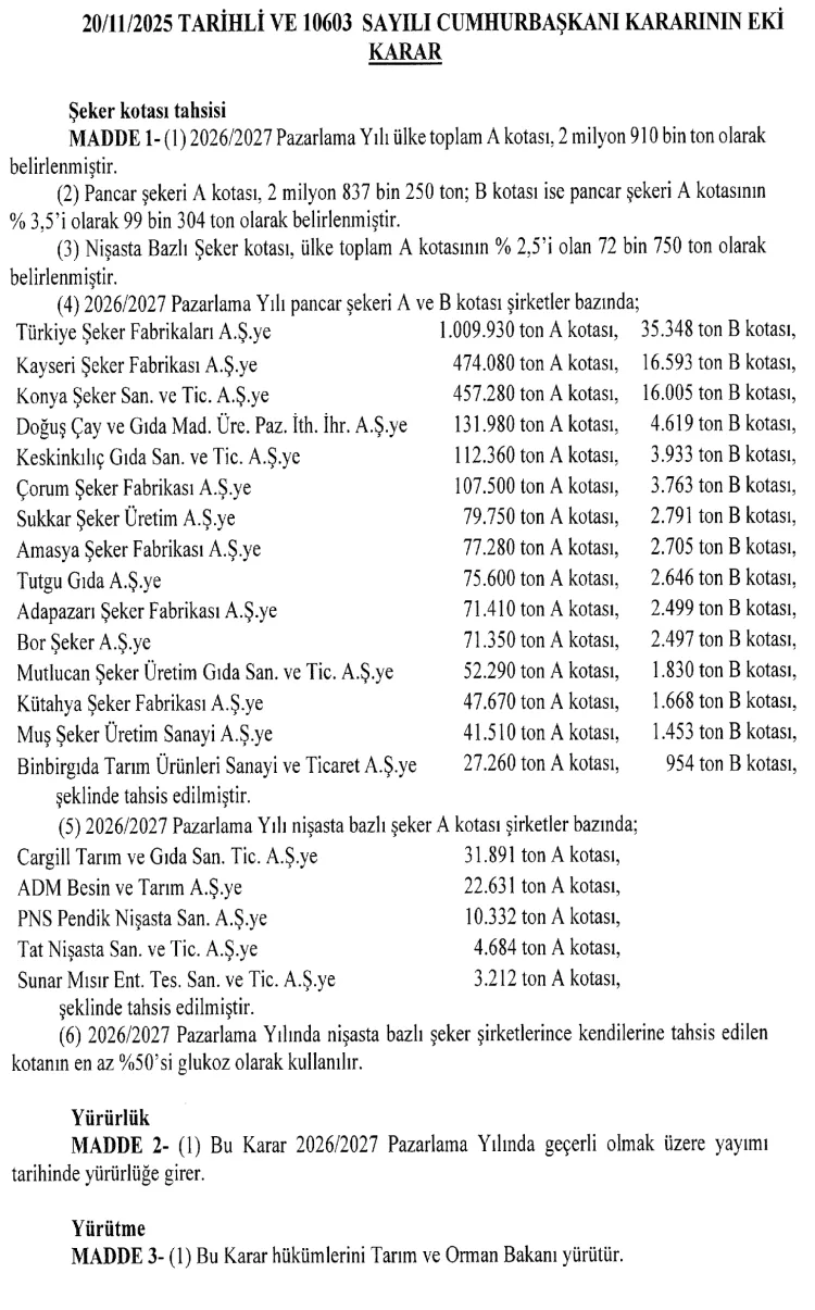 2026/2027 Şeker Kotaları Belirlendi: 2.9 Milyon Ton