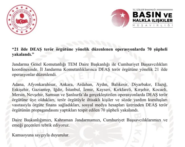 21 İlde DEAŞ Operasyonu: 70 Şüpheli Yakalandı