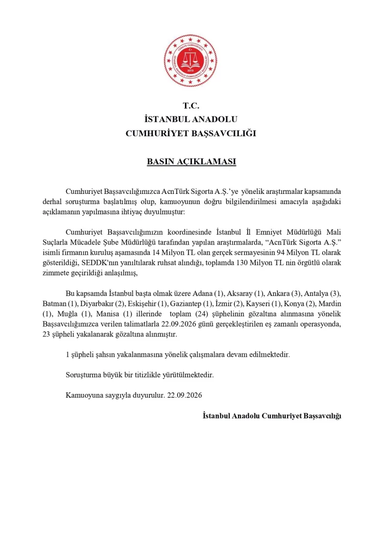 24 Şüpheliye Sigorta Operasyonu: 23 Yakalandı!