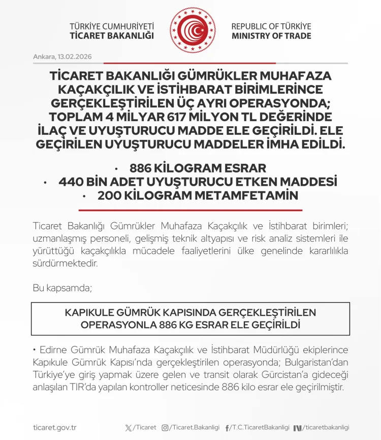 3 Gümrük Kapısında 4,6 Milyar TL Uyuşturucu Operasyonu