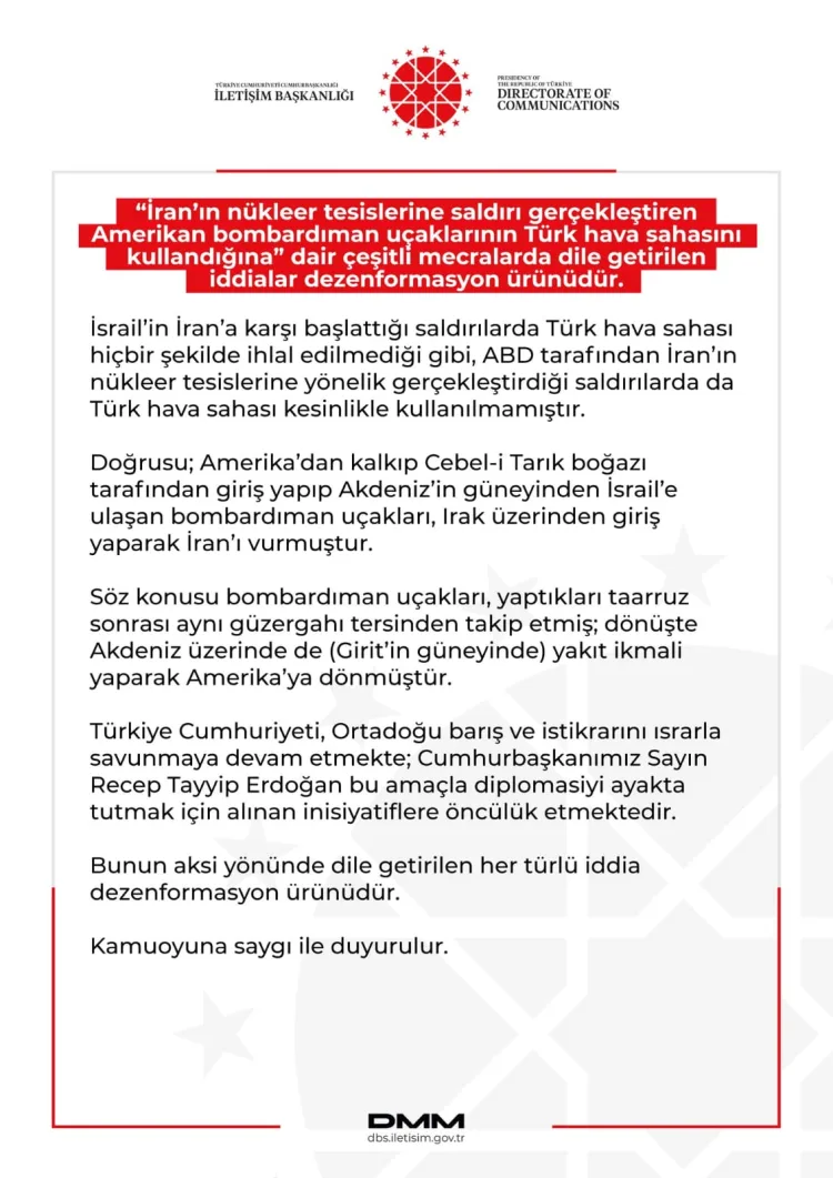 ABD Saldırılarında Türk Hava Sahası İddiası Yalanlandı