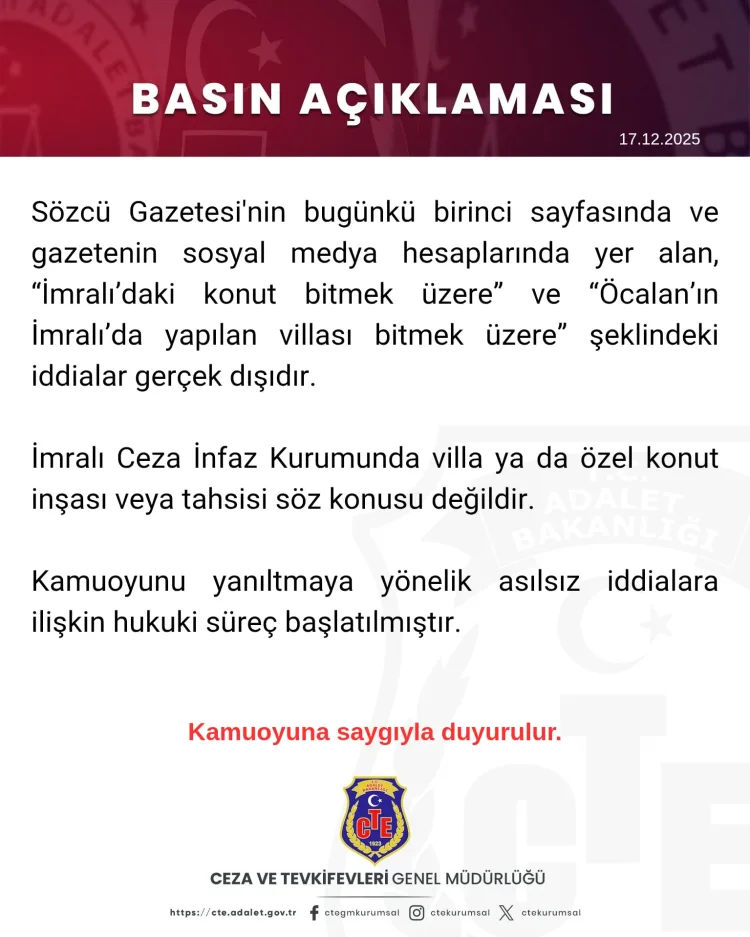 Adalet Bakanı’ndan İmralı’daki Villa İddialarına Yalanlama