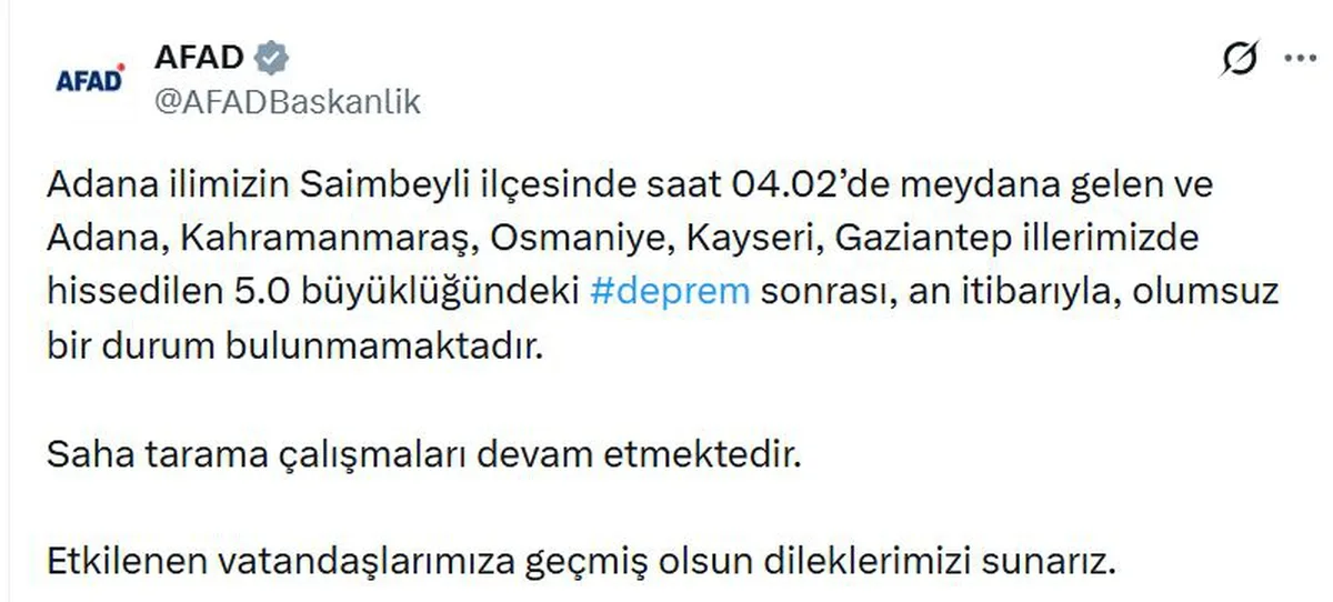 Adana Saimbeyli’de 5.0 Şiddetinde Deprem Gerçekleşti