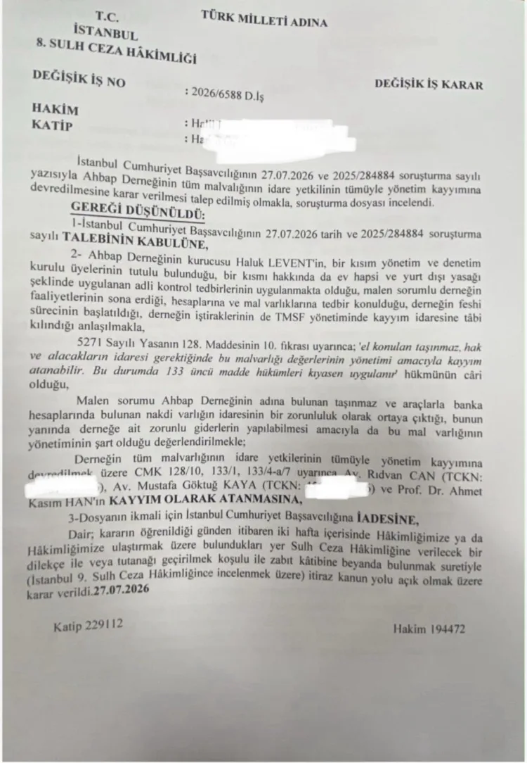 Ahbap Derneği’ne Kayyım Atandı: Malvarlığı Yönetimi Değişti