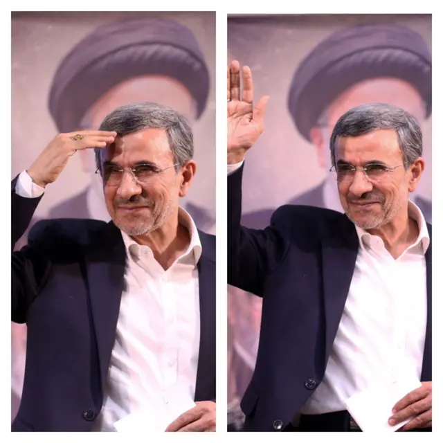 Ahmedinejad'ın iki fotoğrafı yan yana.