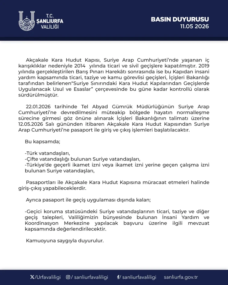 Akçakale Sınır Kapısı’nda Pasaportlu Geçiş Başlıyor!
