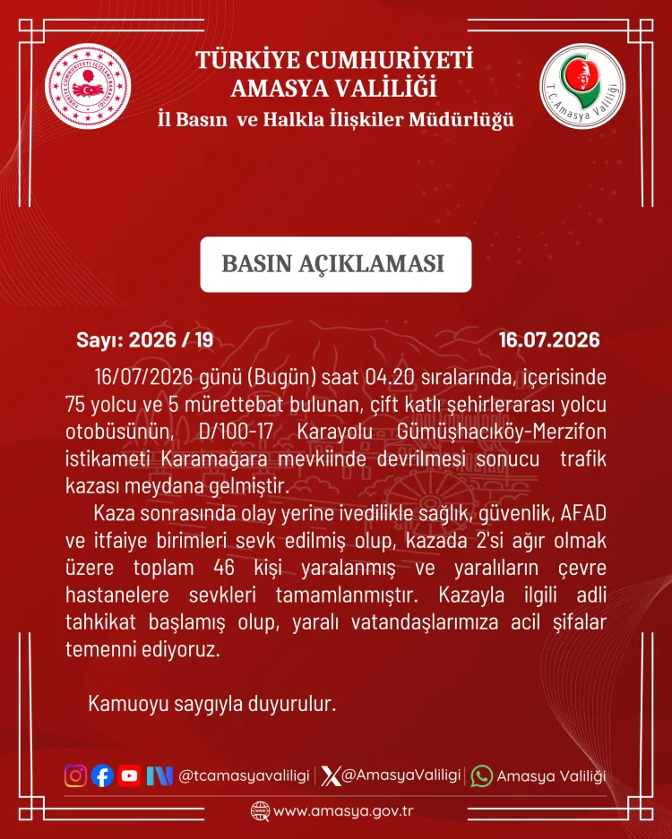 Amasya’da Otobüs Devrildi: 46 Yaralı, 2 Ağır!