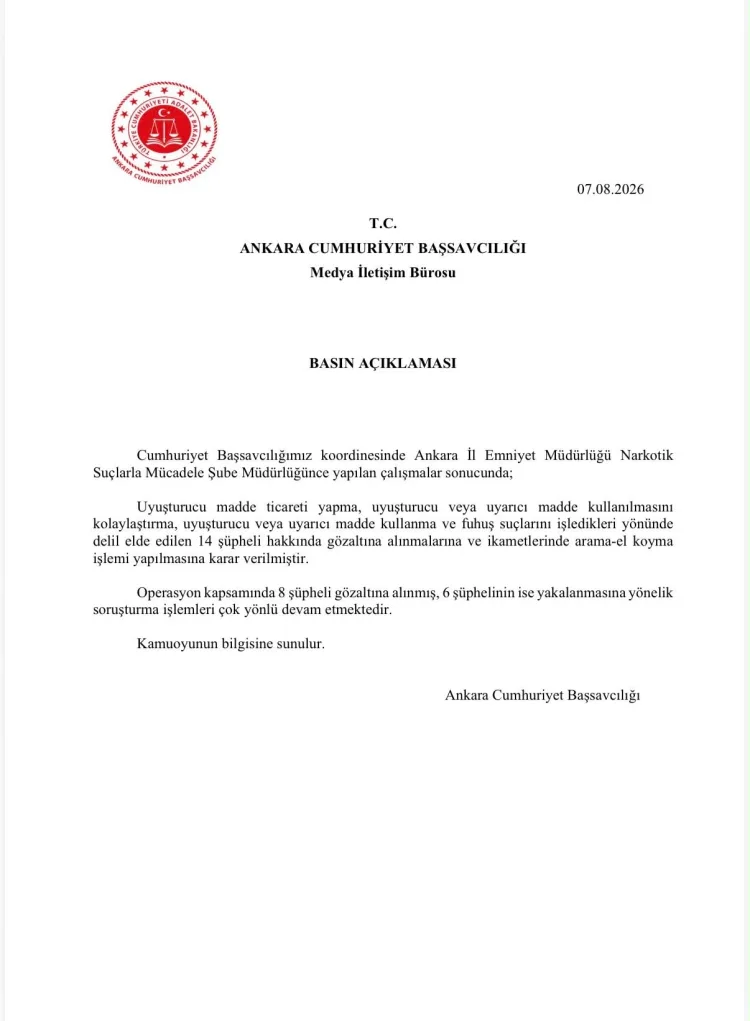 Ankara’da Uyuşturucu ve Fuhuş Operasyonu: 8 Gözaltı