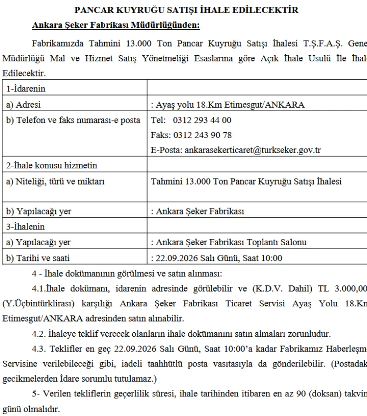 Ankara Şeker Fabrikası’nda Pancara İhale Duyurusu!