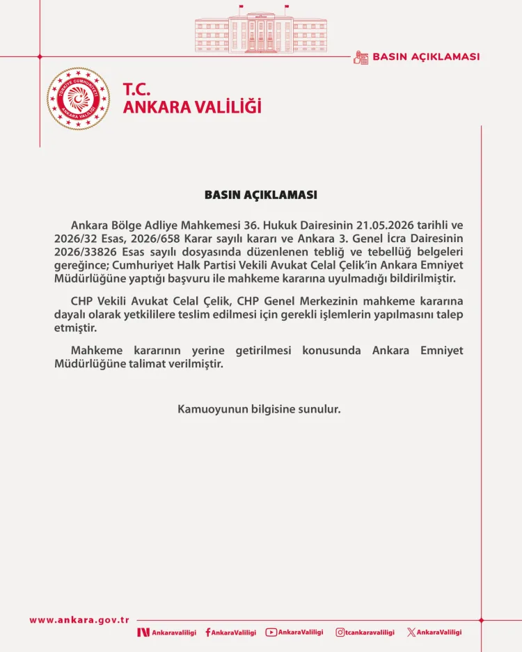 Ankara Valiliği’nden CHP’ye Mahkeme Talimatı