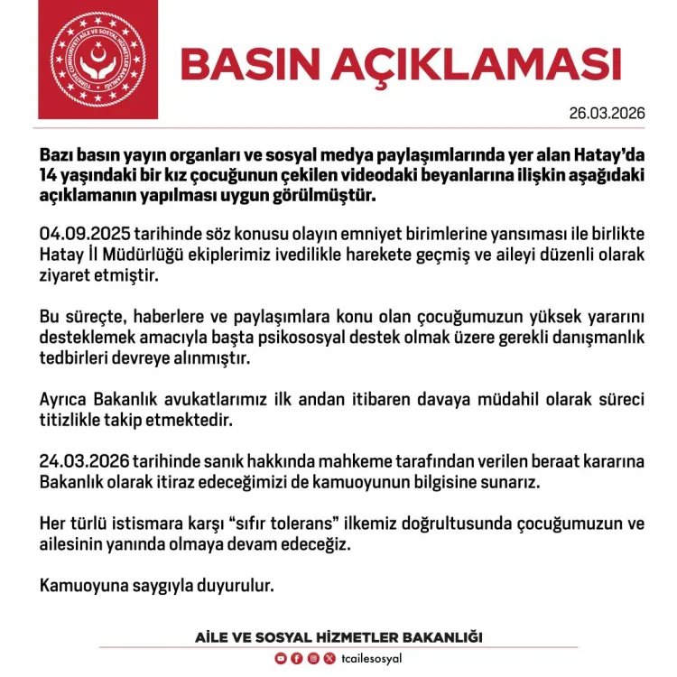 Bakanlık, Hatay’daki İstismar Davasında İtiraz Edecek