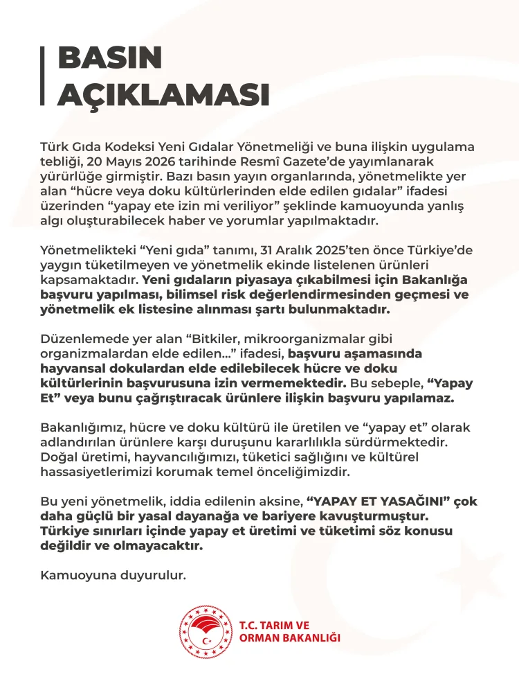 Bakanlık: Yapay Et Yasağı Güçlendirildi!