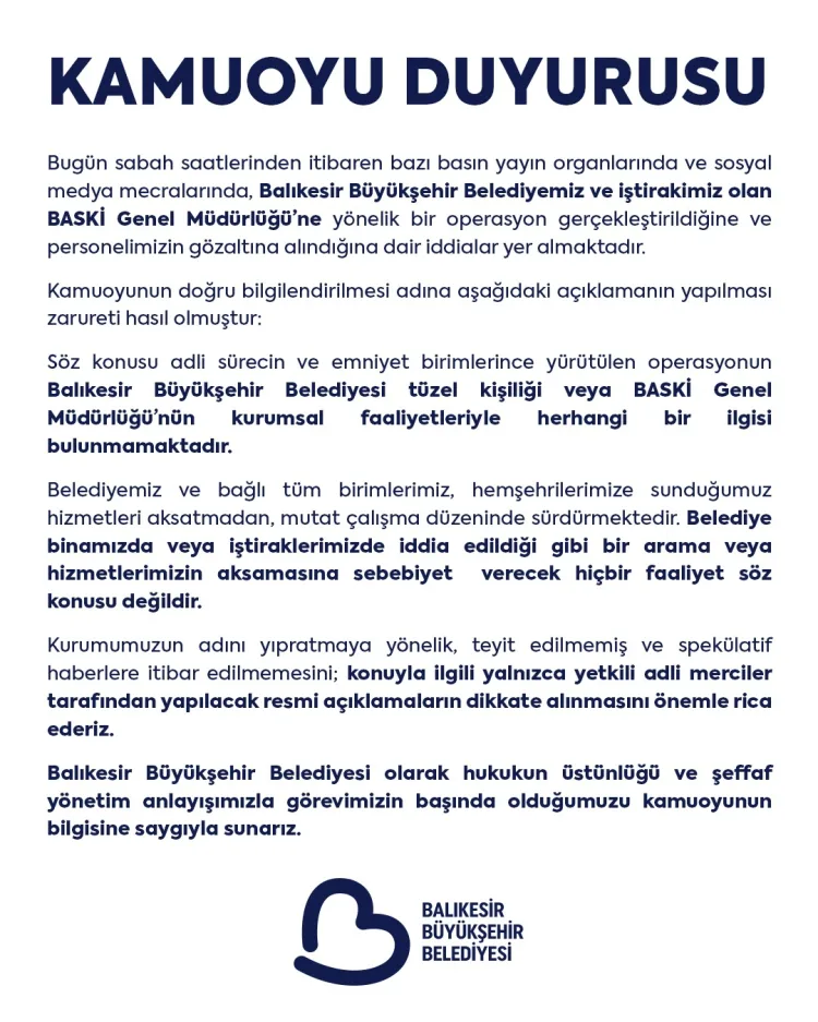 Balıkesir Belediyesi’nden Operasyon İddialarına Yanıt