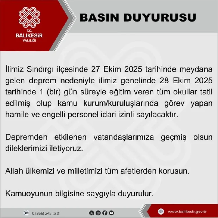 Balıkesir’de Deprem: Okullar 1 Gün Tatil Edildi!
