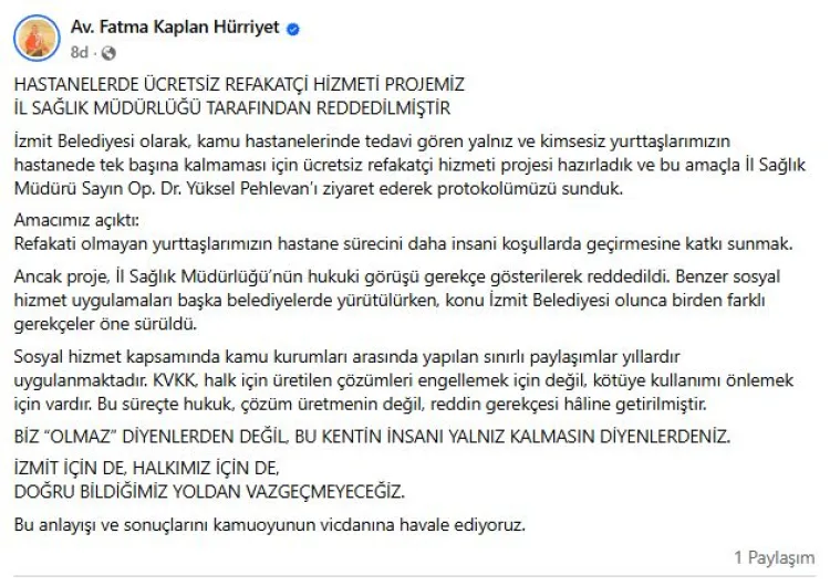 Başkan Hürriyet’in Ücretsiz Refakatçi Projesi Reddedildi