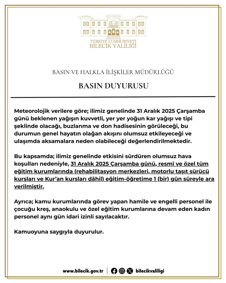 Bilecik’te Olumsuz Hava Nedeniyle Eğitime Ara