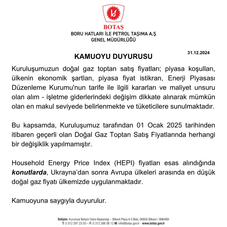 Doğal gaz toptan satış fiyatları