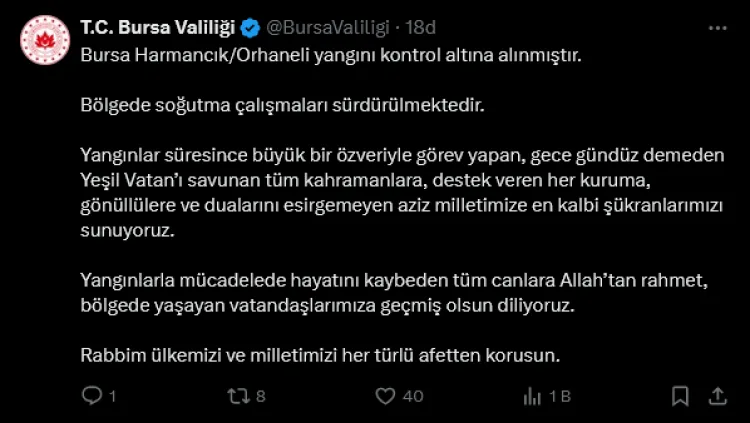 Bursa’da Orman Yangını Kontrol Altına Alındı