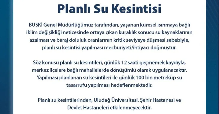 Bursa’da Planlı Su Kesintisi Uyarısı Geldi!