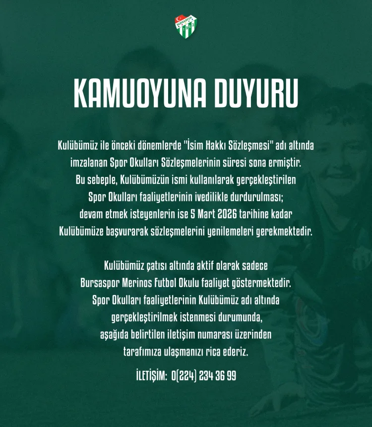 Bursaspor’dan Spor Okullarına İzin Uyarısı!