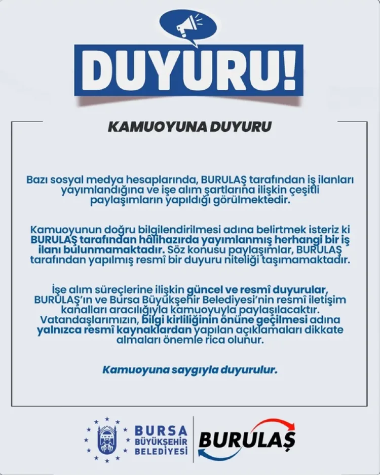 BURULAŞ’tan İş İlanı Açıklaması: Dikkat!