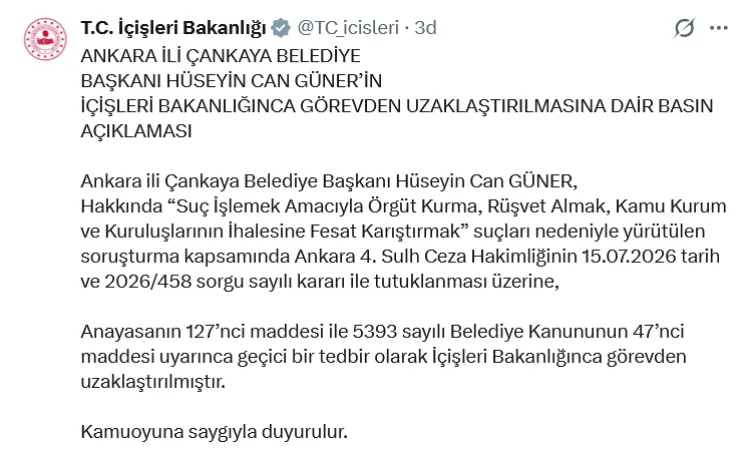 Çankaya Belediye Başkanı Güner Görevden Alındı!