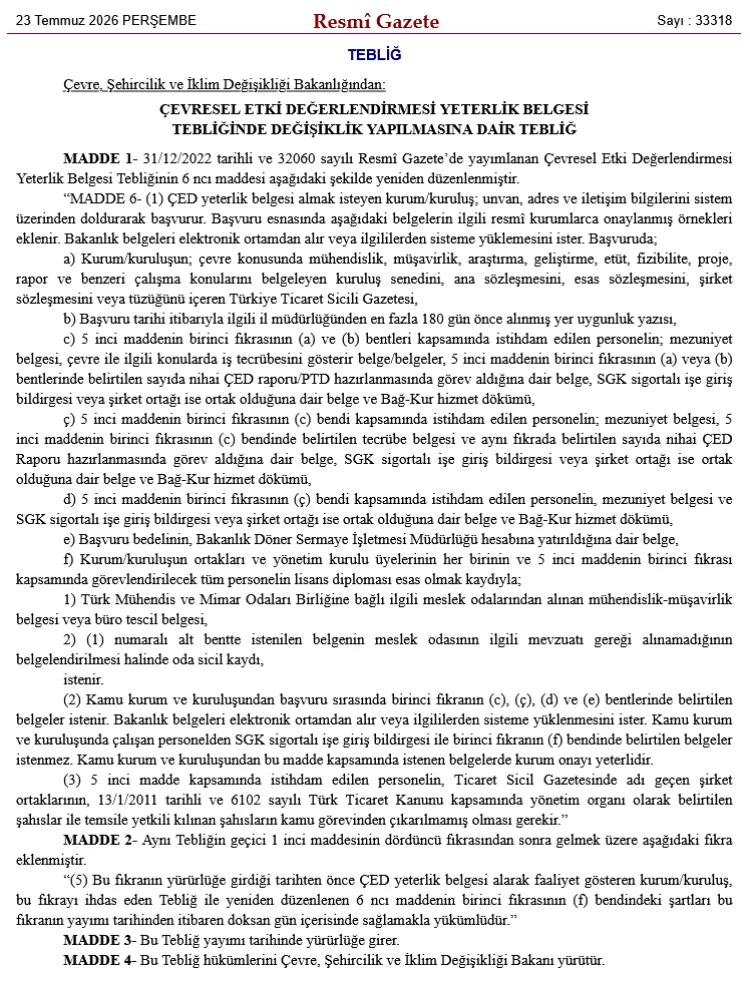 ÇED Yeterlik Belgesi Başvuruları Yeniden Düzenlendi