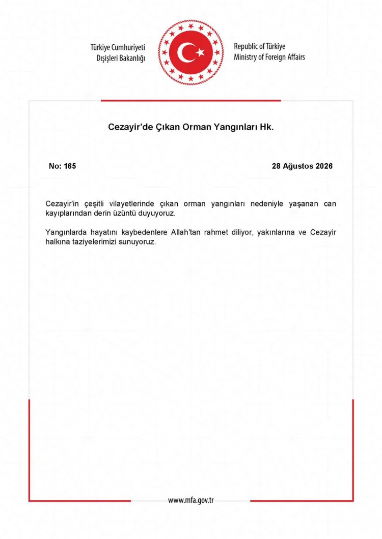 Cezayir’deki Yangınlar İçin Türkiye’den Taziye Mesajı