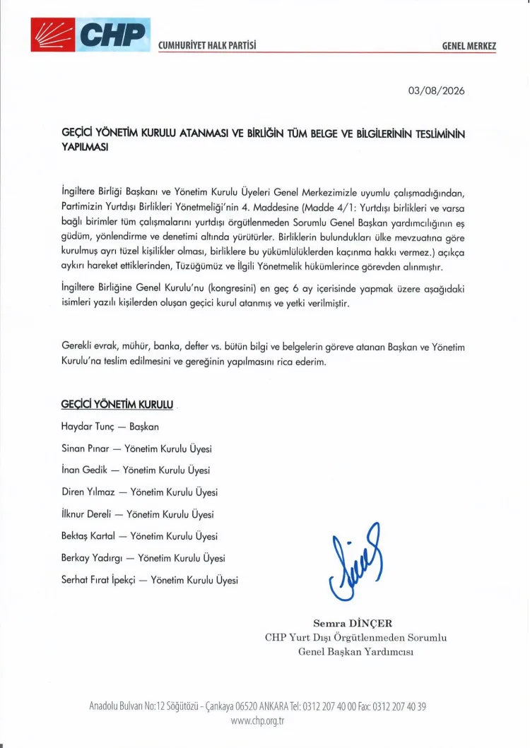 CHP İngiltere Birliği Yönetimi Görevden Alındı!