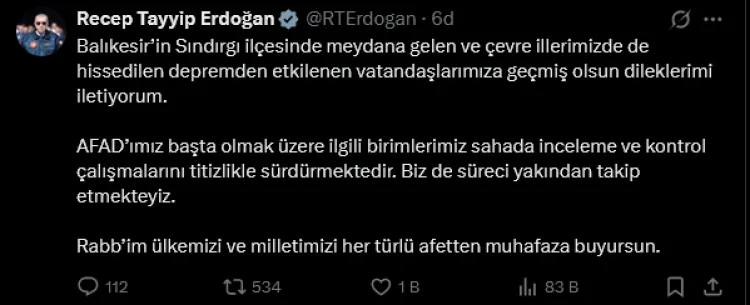 Cumhurbaşkanı Erdoğan’dan Sındırgı Depremi Açıklaması