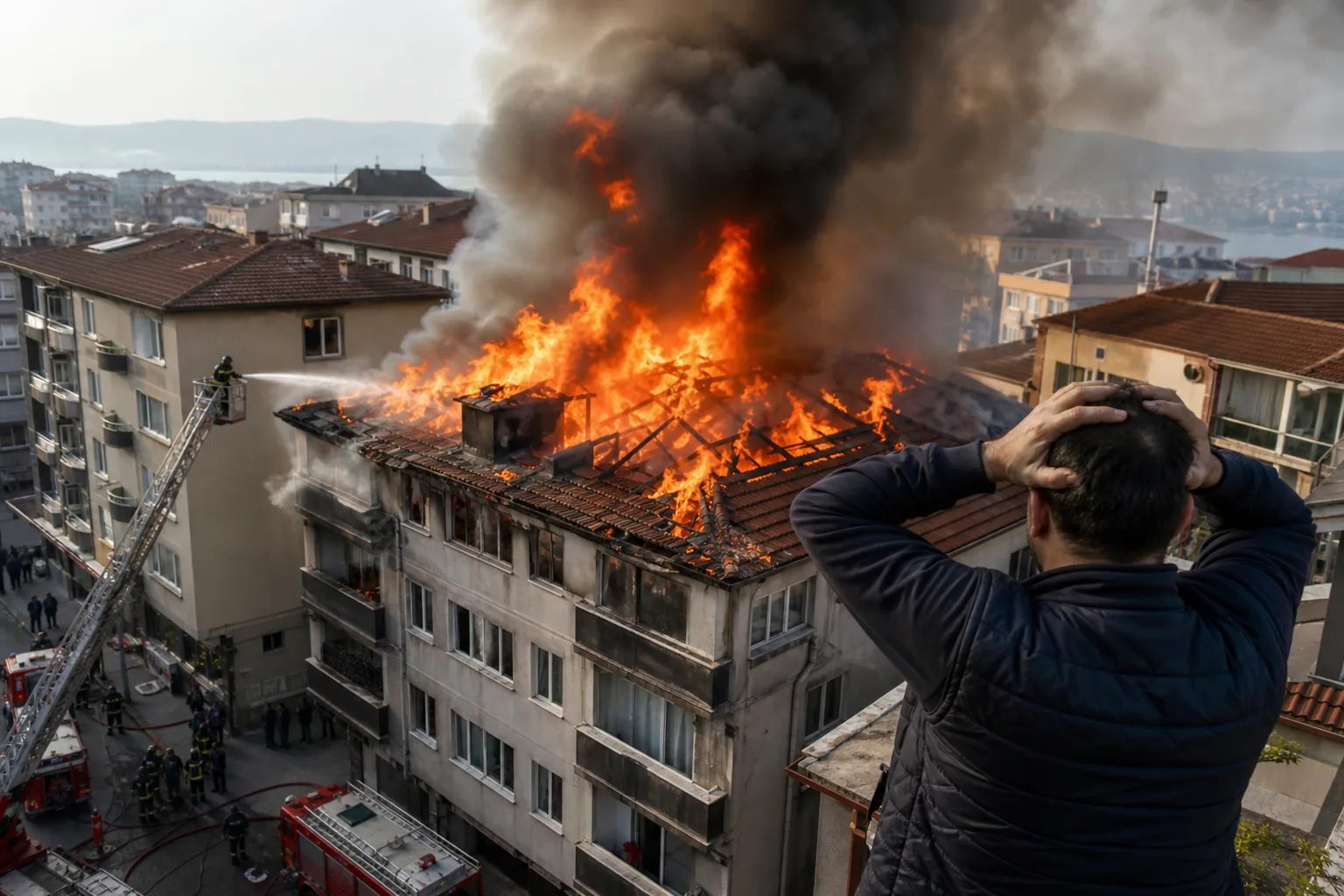 Darıca’da Çatı Yangını: Dronla Görüntülenen Alevler
