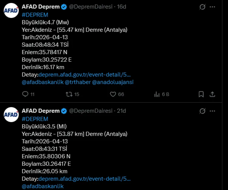 Demre’de Peş Peşe İki Deprem Meydana Geldi!