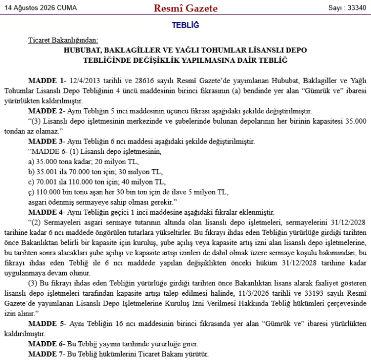 Depo Kapasite ve Sermaye Şartlarında Değişiklik