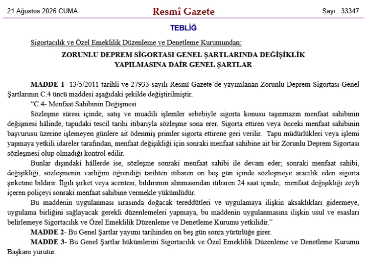 Deprem Sigortasında Yeni Düzenleme Resmi Gazete’de!