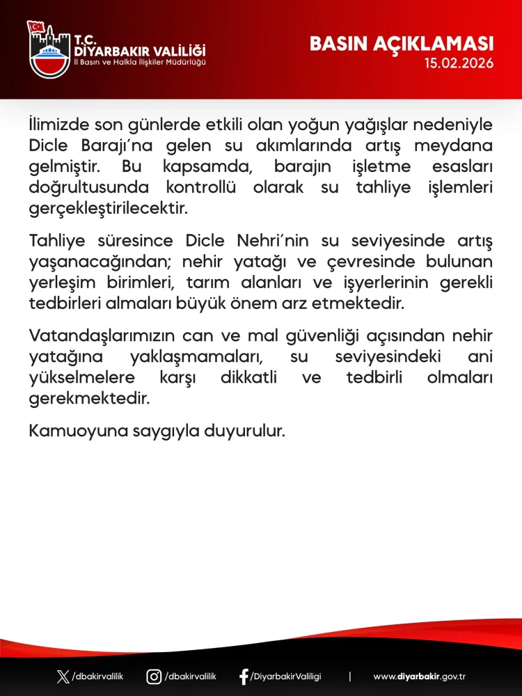 Dicle Barajı’nda Kontrollü Su Tahliyesi Uyarısı