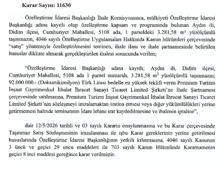 Didim’de 294,5 Milyon Liralık İki Taşınmaz Satışta!