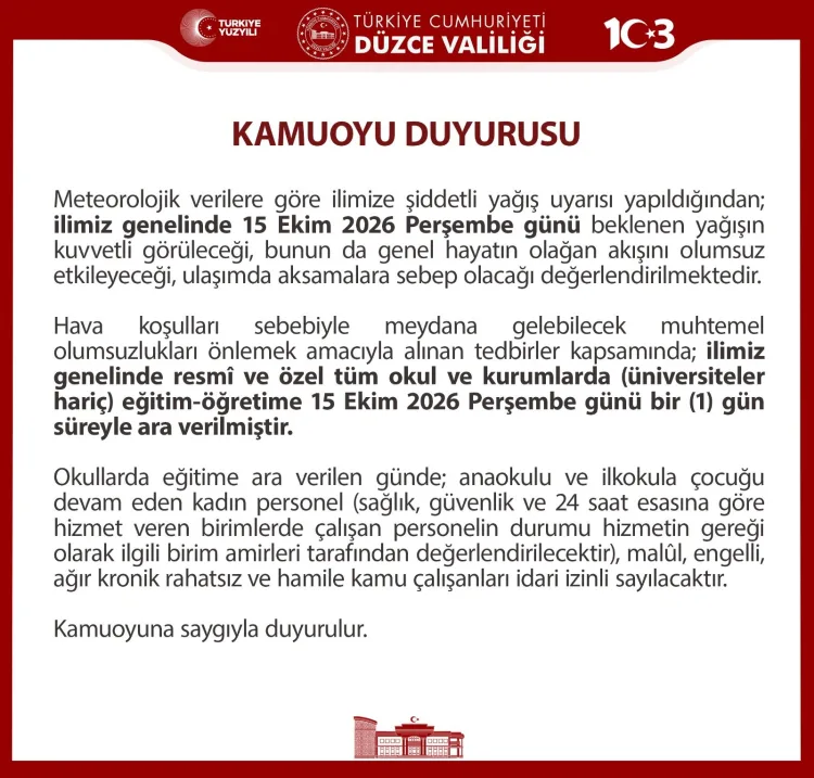 Düzce’de Eğitime Şiddetli Yağış Nedeniyle Ara Verildi