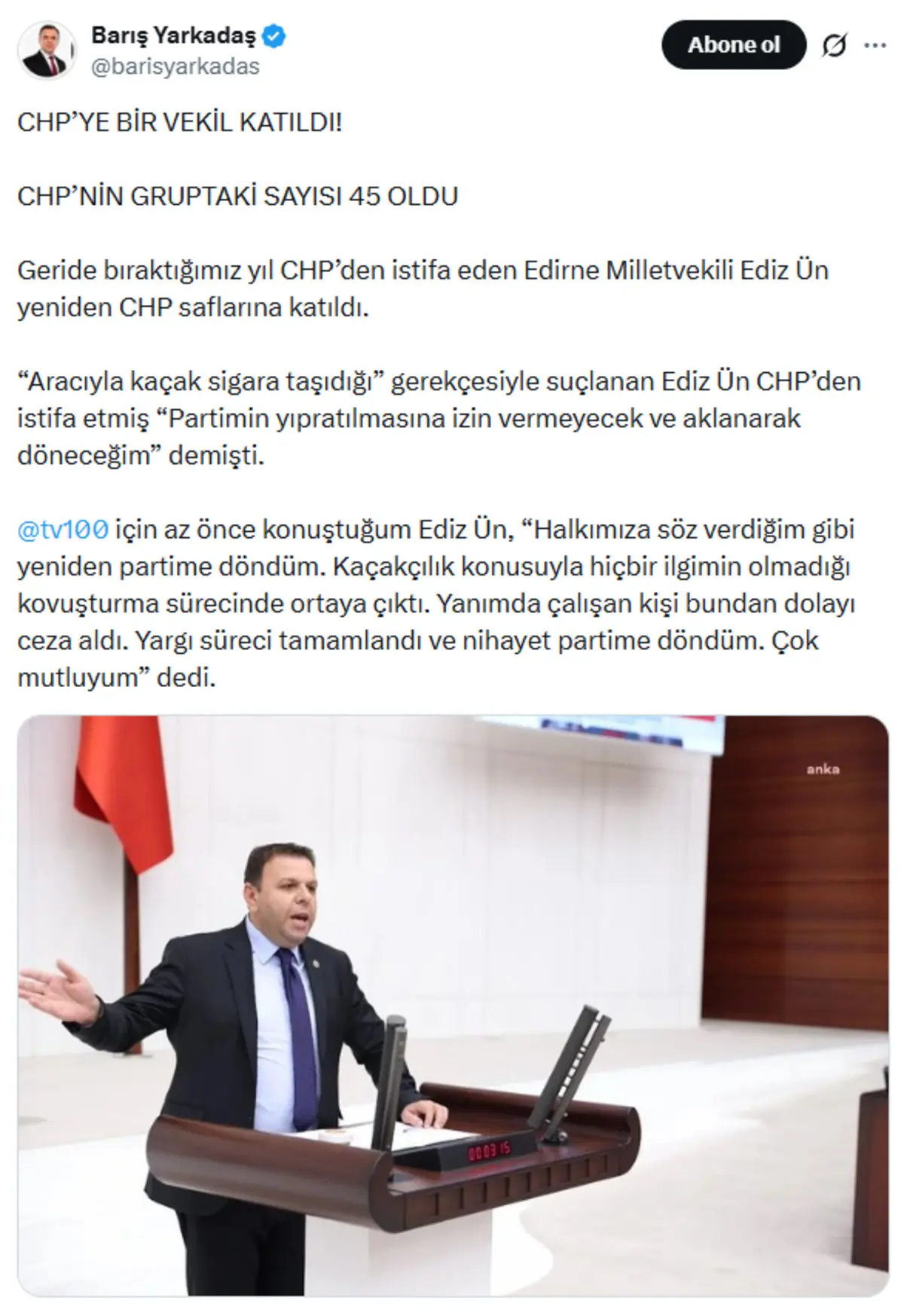 Sosyal medyadan duyurdu! Ediz Ün CHP ye geri döndü 2