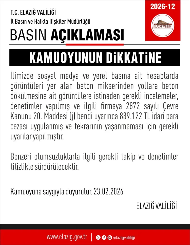 Elazığ’da Beton Mikseri İçin 839 Bin TL Ceza!