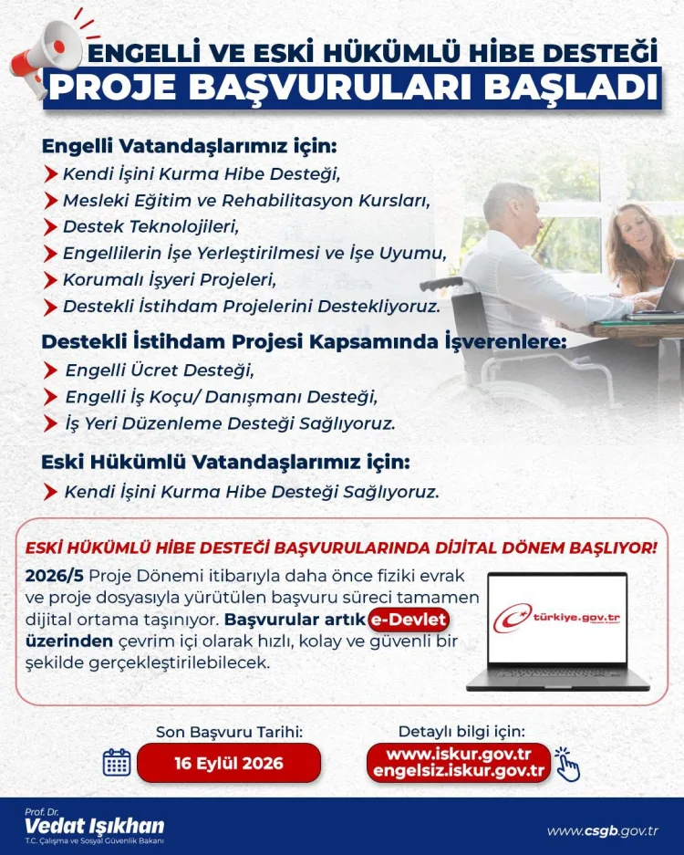 Engelli ve Eski Hükümlülere Hibe Desteği Başladı!