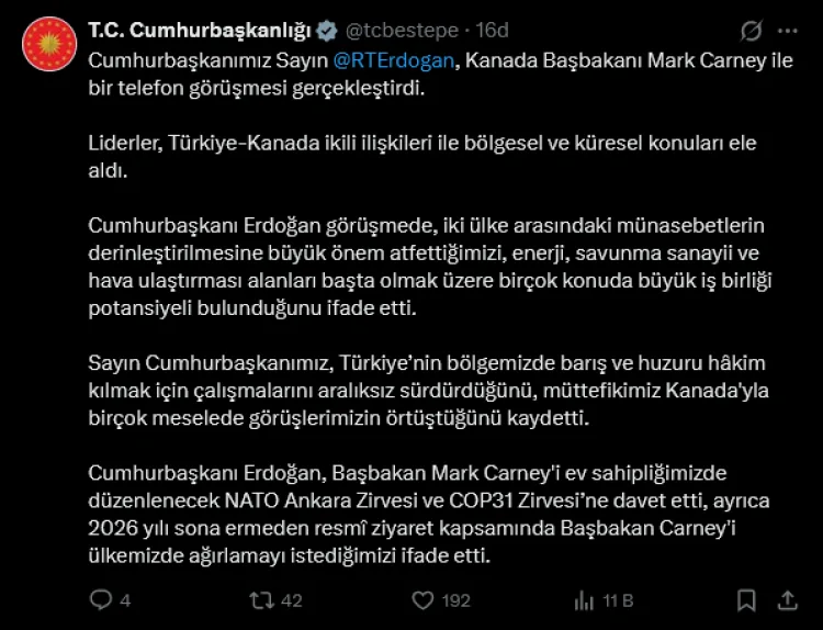 Erdoğan’dan Carney’e NATO ve COP31 Daveti