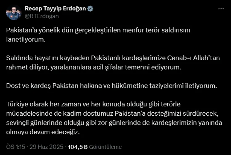 Erdoğan’dan Pakistan’a Terör Saldırısına Kınama
