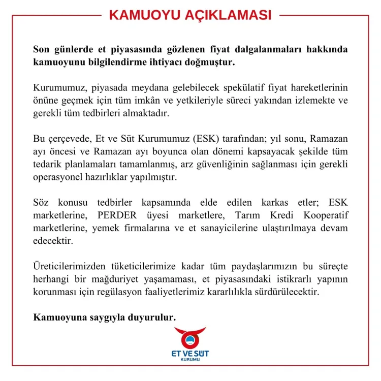 Et Piyasasında Fiyat İstikrarı İçin Önlemler Alındı