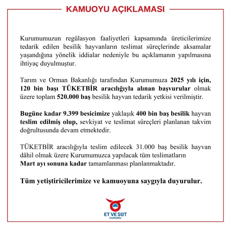 Et ve Süt Kurumu’ndan Hayvan Teslimat Açıklaması