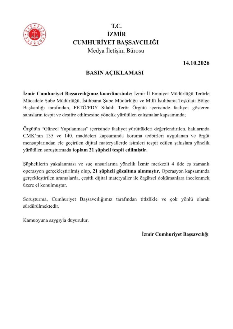 FETÖ/PDY’ye İzmir’de Eş Zamanlı Operasyon!