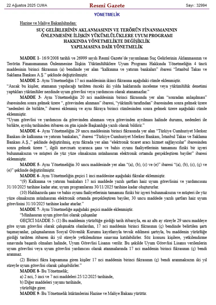 Finansal Suçlarla Mücadelede Yeni Yönetmelik Değişiklikleri