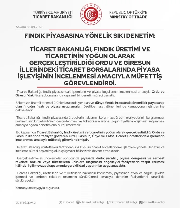 Fındık Piyasasına Bakanlık Denetimi Başladı!