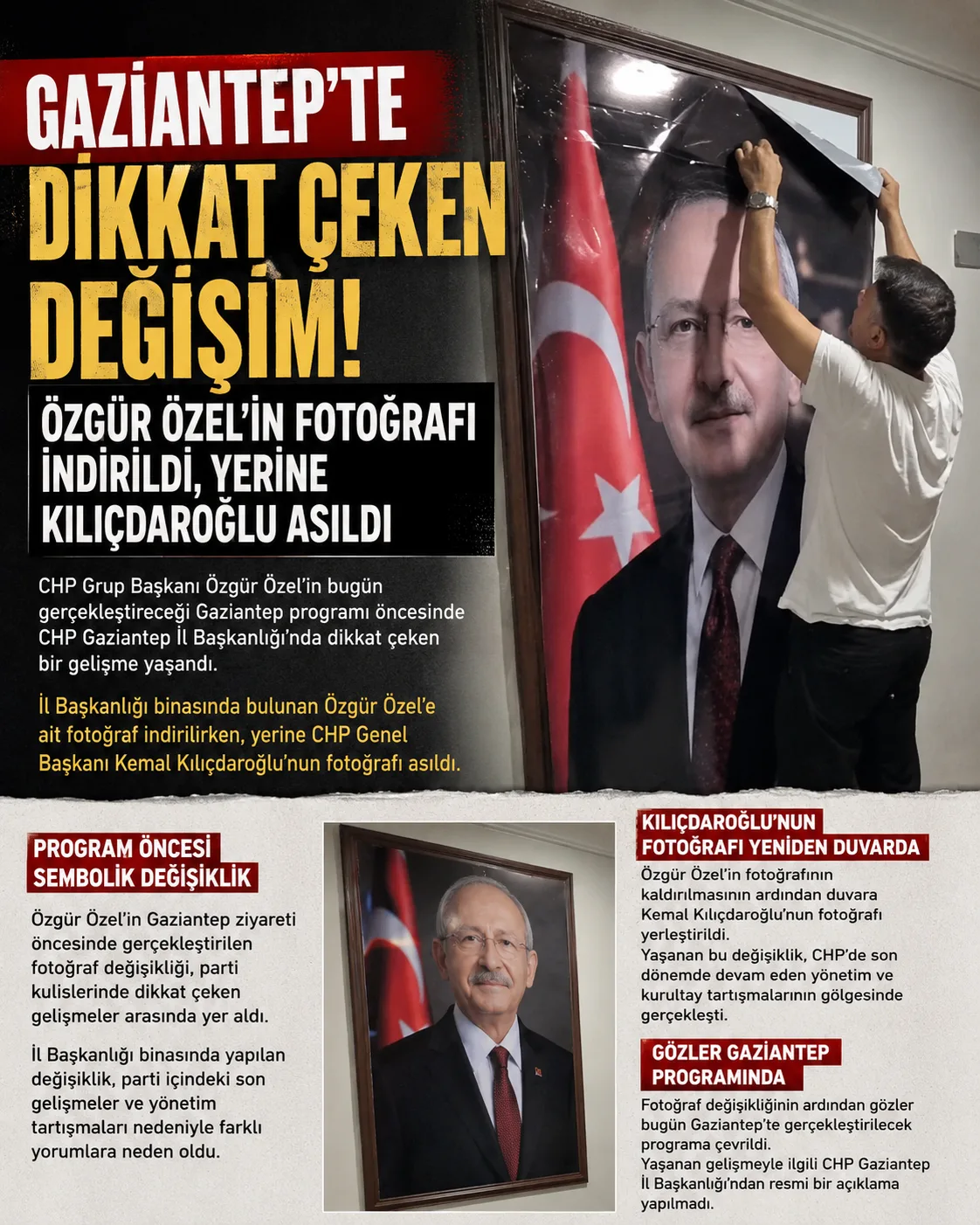 Gaziantep’te dikkat çeken değişim! Özgür Özel’in fotoğrafı indirildi, yerine Kılıçdaroğlu asıldı