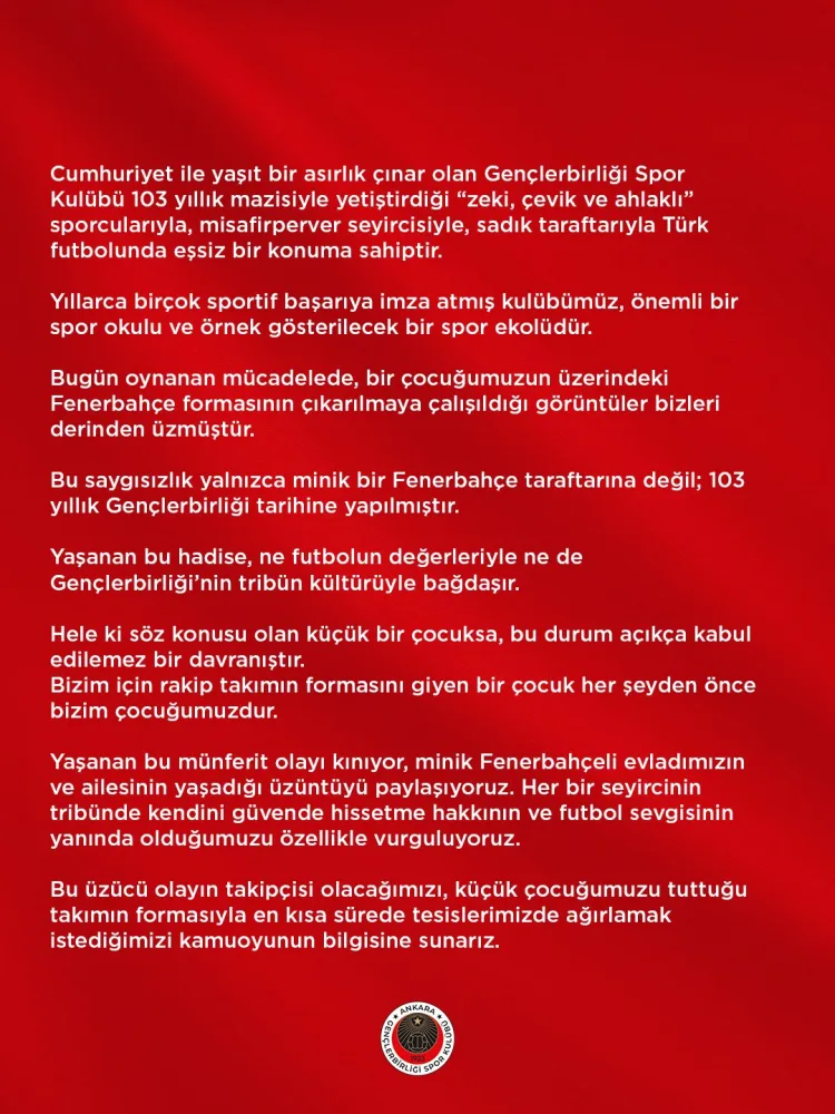 Gençlerbirliği’nden Çocuğa Destek Mesajı!